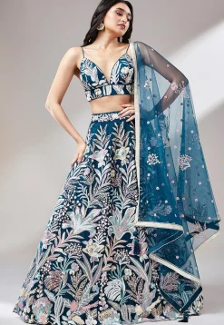 Embroidered Net Lehenga in Teal Blue