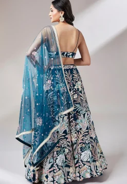 Embroidered Net Lehenga in Teal Blue
