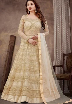 Embroidered Net Lehenga in Cream