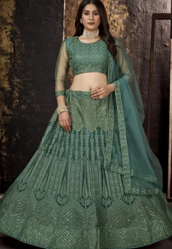 Embroidered Net Lehenga in Dusty Olive Green