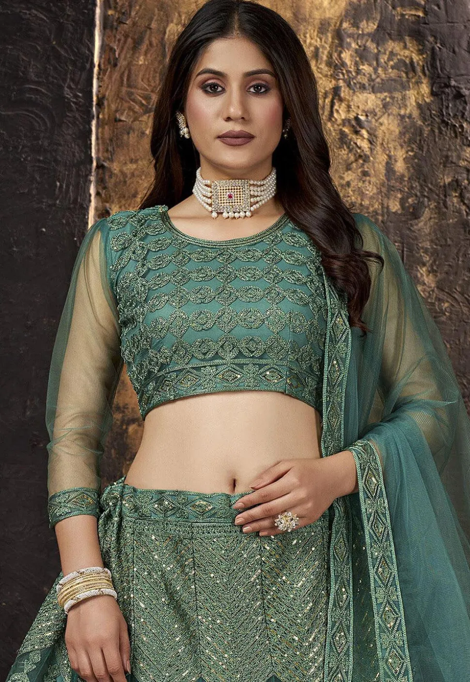 Embroidered Net Lehenga in Dusty Olive Green
