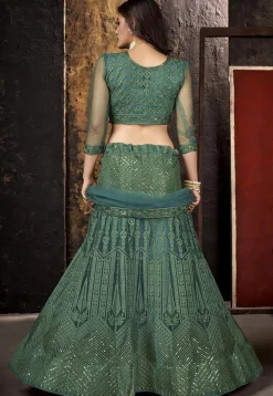 Embroidered Net Lehenga in Dusty Olive Green