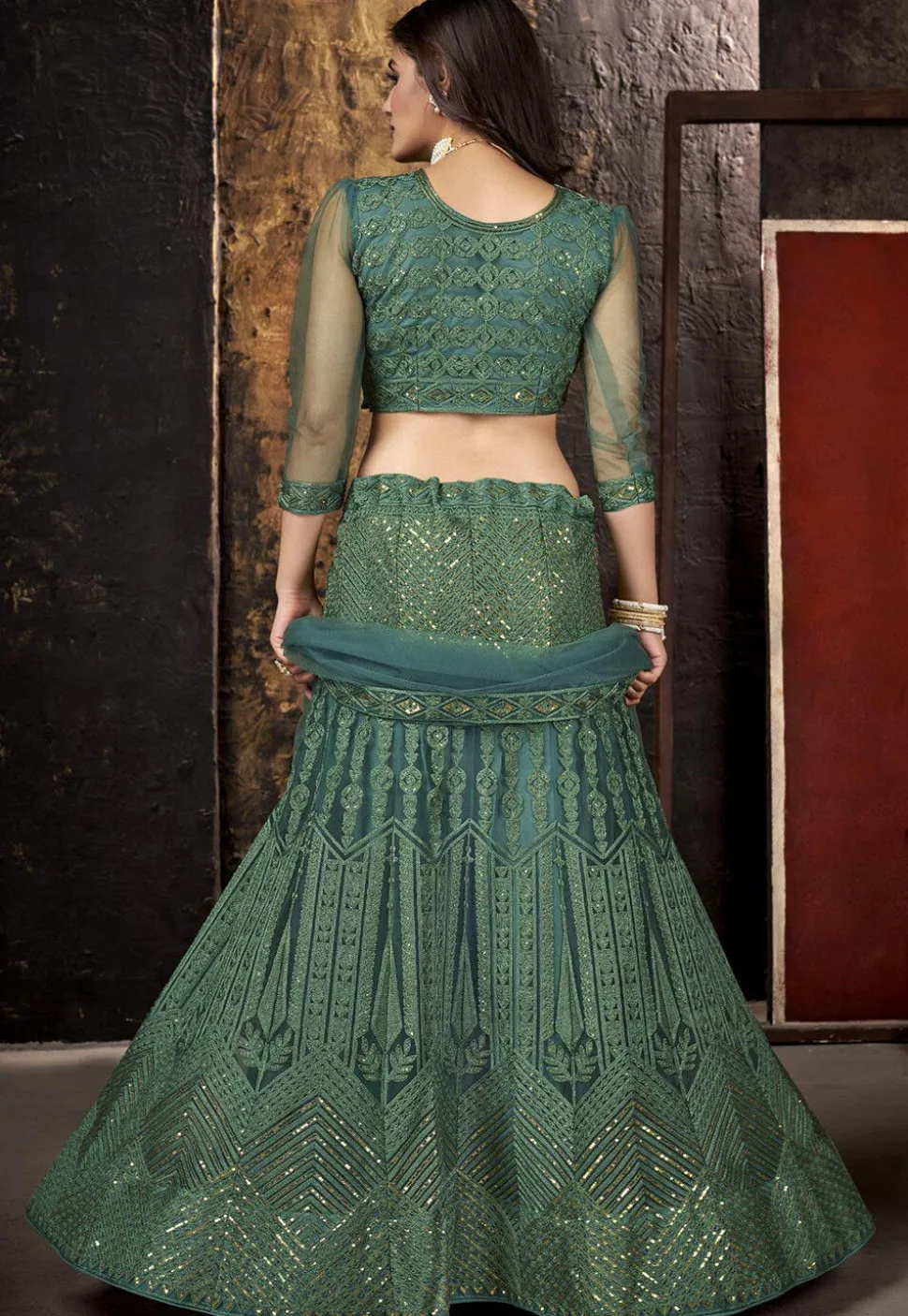 Embroidered Net Lehenga in Dusty Olive Green