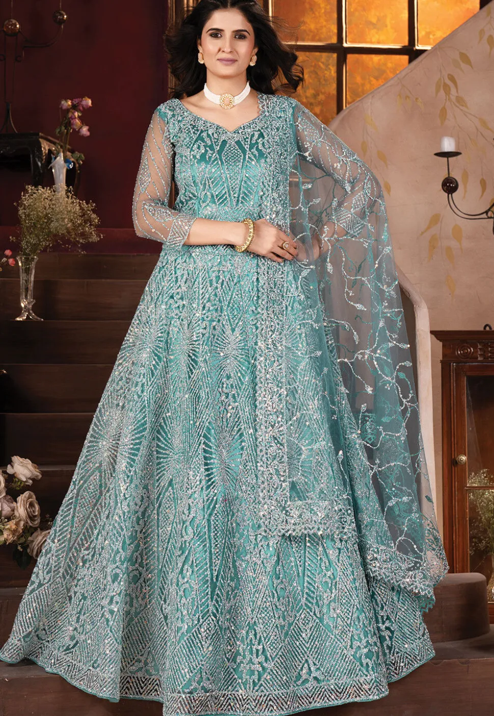 Embroidered Net Lehenga in Blue