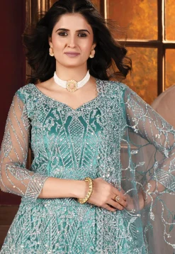 Embroidered Net Lehenga in Blue
