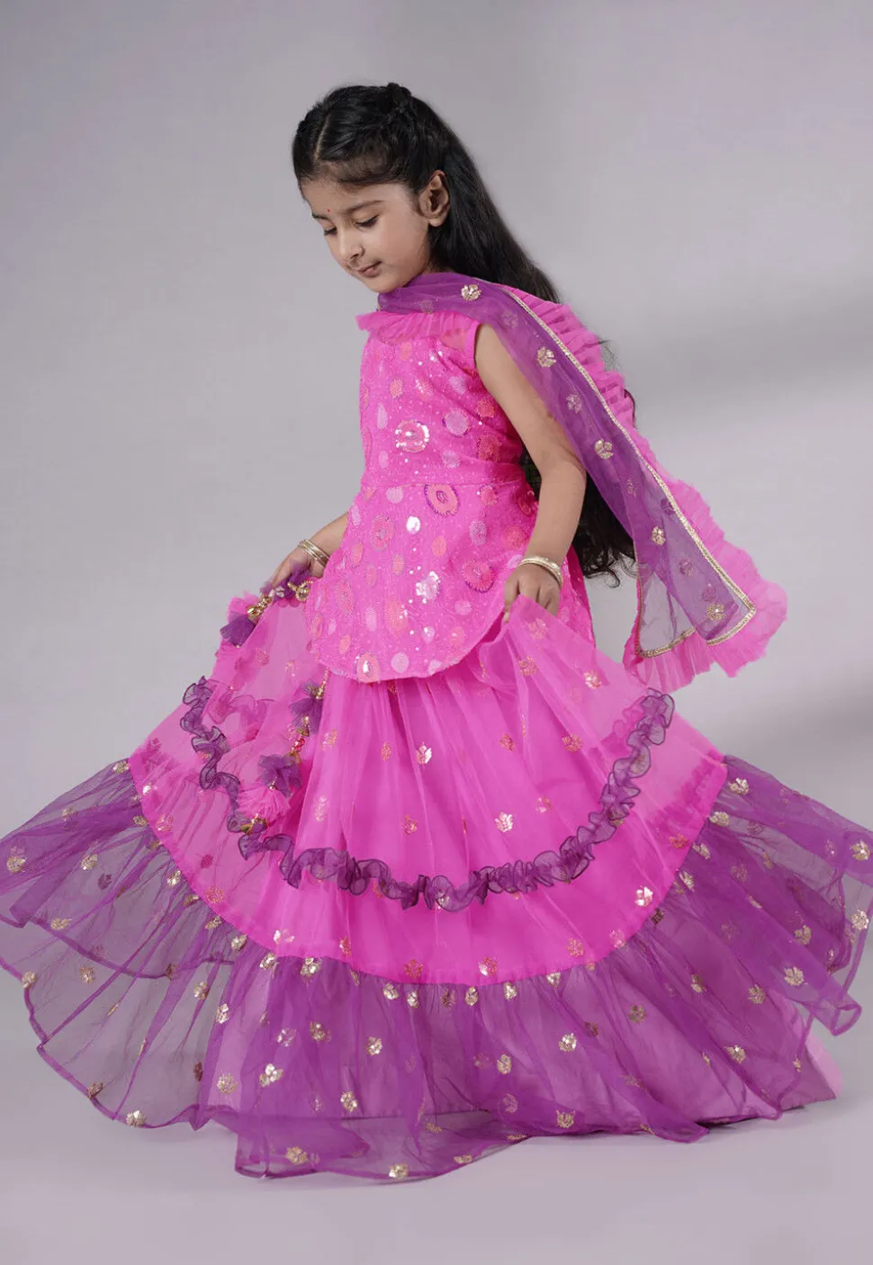 Embroidered Net Lehenga in Fuchsia and Purple