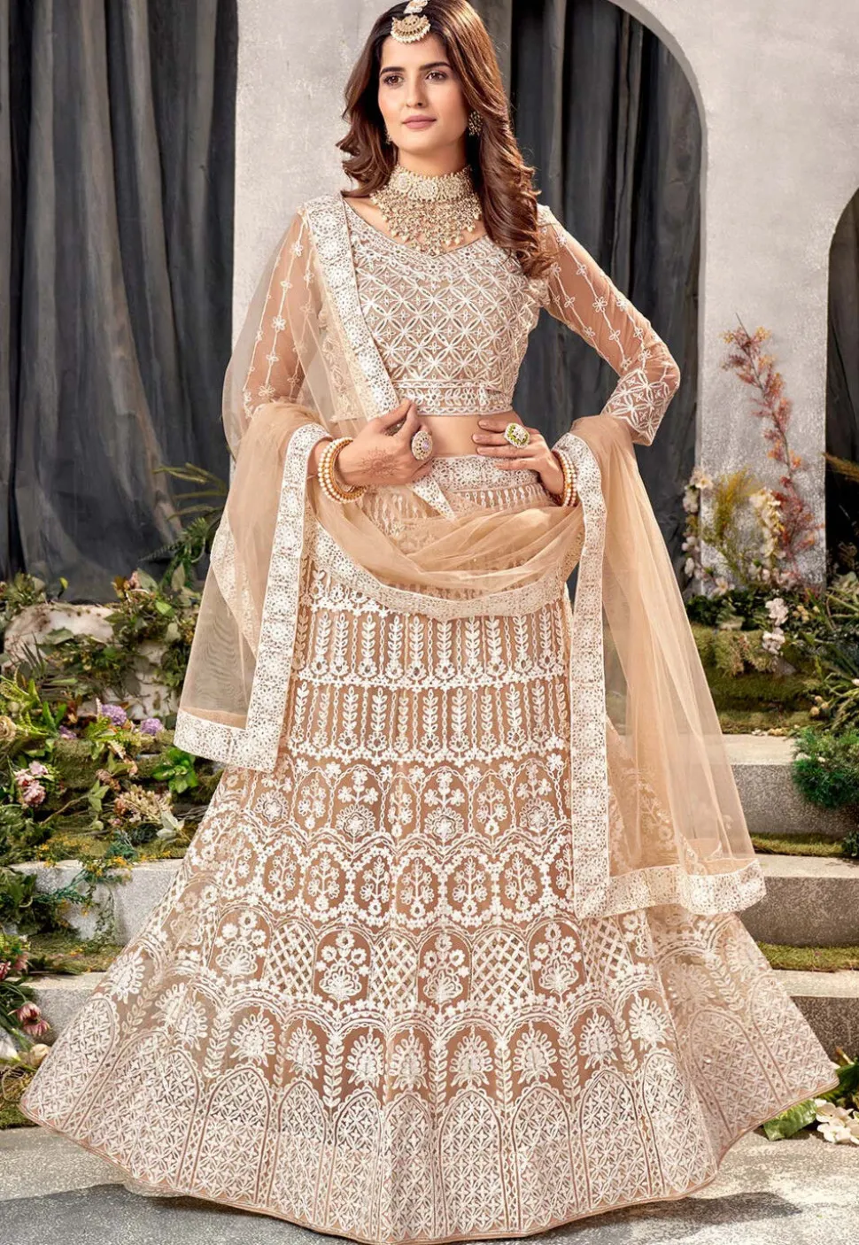 Embroidered Net Lehenga in Beige