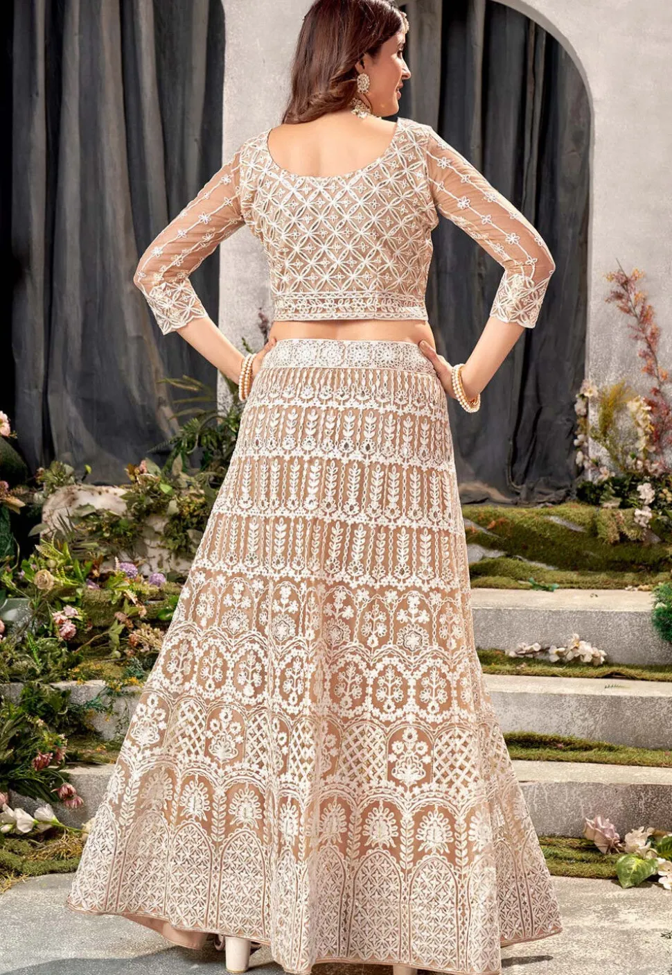 Embroidered Net Lehenga in Beige