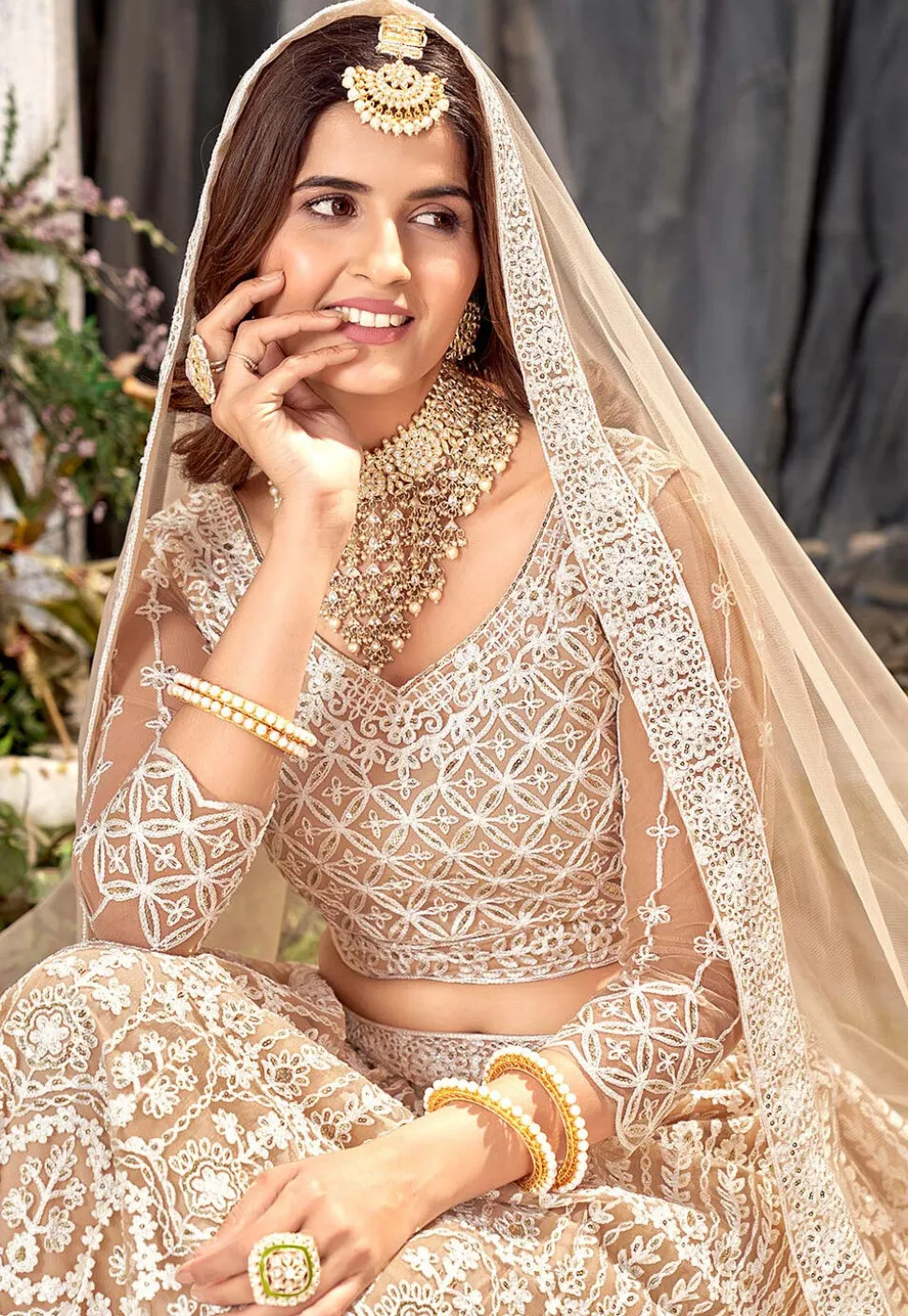 Embroidered Net Lehenga in Beige
