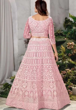 Embroidered Net Lehenga in Pink