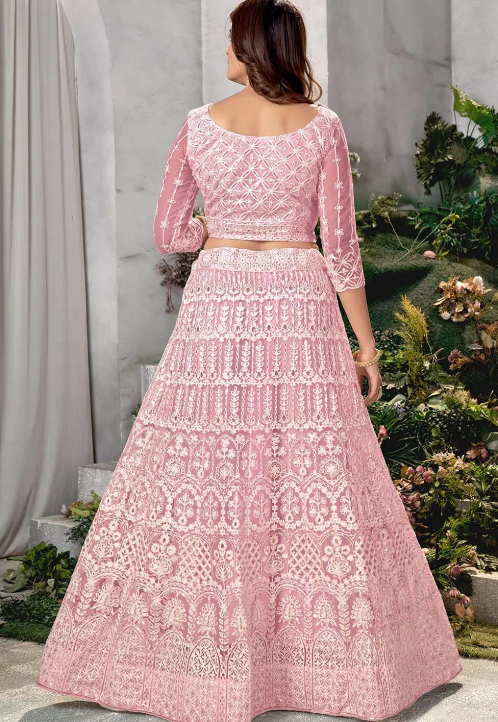 Embroidered Net Lehenga in Pink