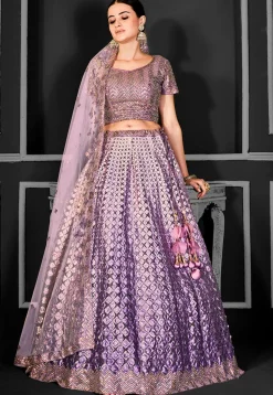 Embroidered Net Lehenga in Purple