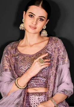Embroidered Net Lehenga in Purple