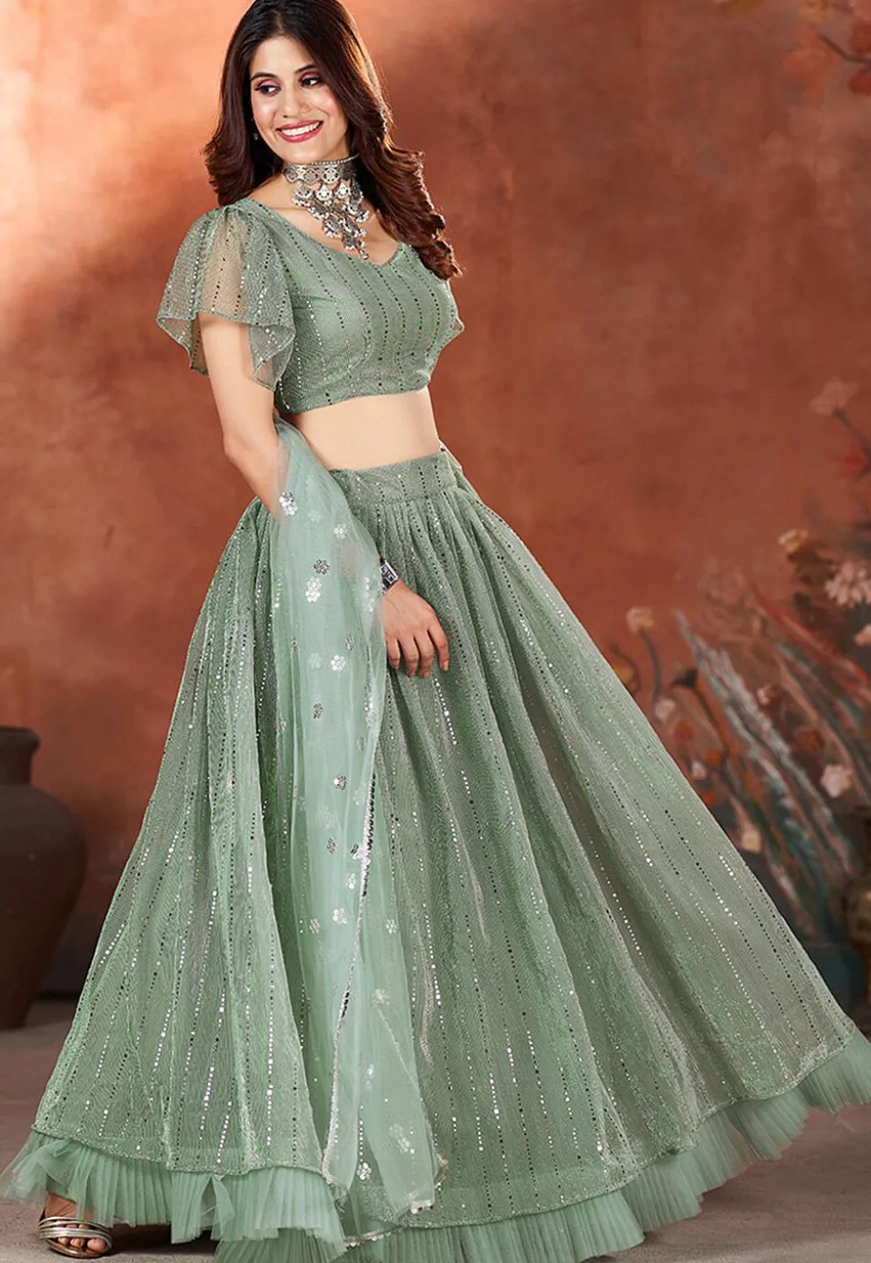 Embroidered Net Lehenga in Dusty Green