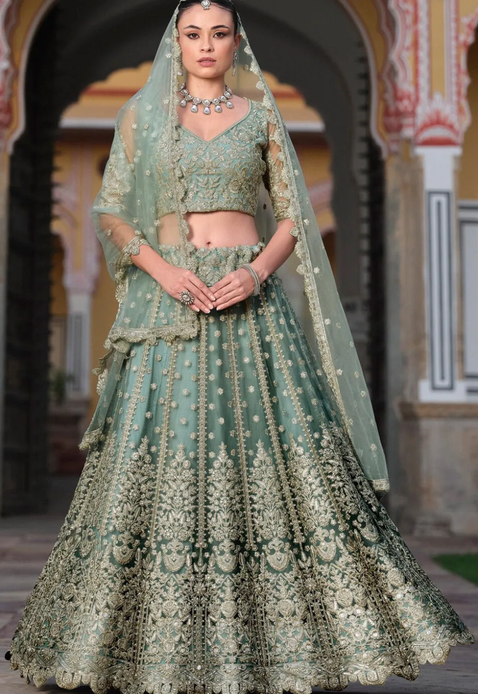 Embroidered Net Lehenga in Dusty Green