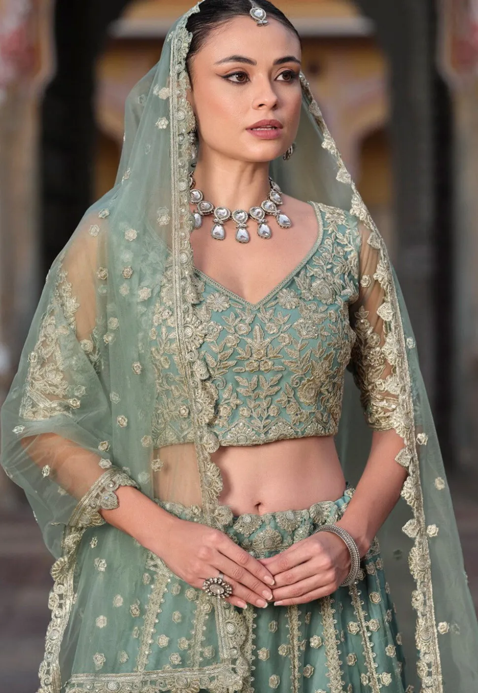 Embroidered Net Lehenga in Dusty Green
