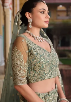 Embroidered Net Lehenga in Dusty Green