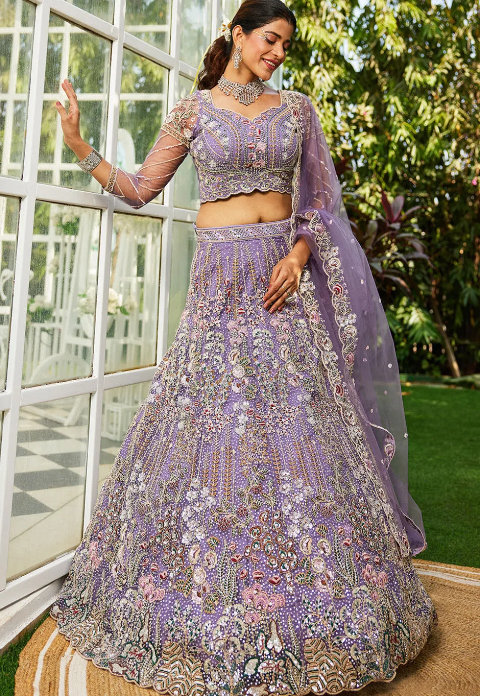 Embroidered Net Lehenga in Purple