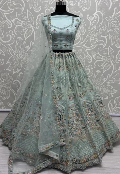 Embroidered Net Lehenga in Light Blue