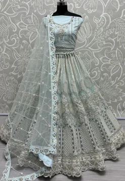 Embroidered Net Lehenga in Pastel Blue