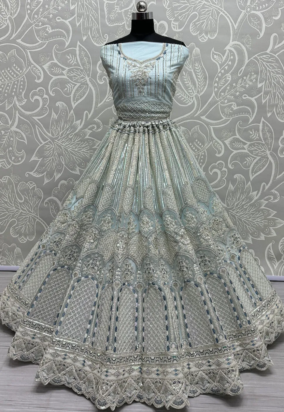 Embroidered Net Lehenga in Pastel Blue