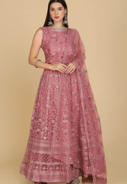 Embroidered Net Lehenga in Pink