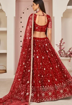 Embroidered Net Lehenga in Red