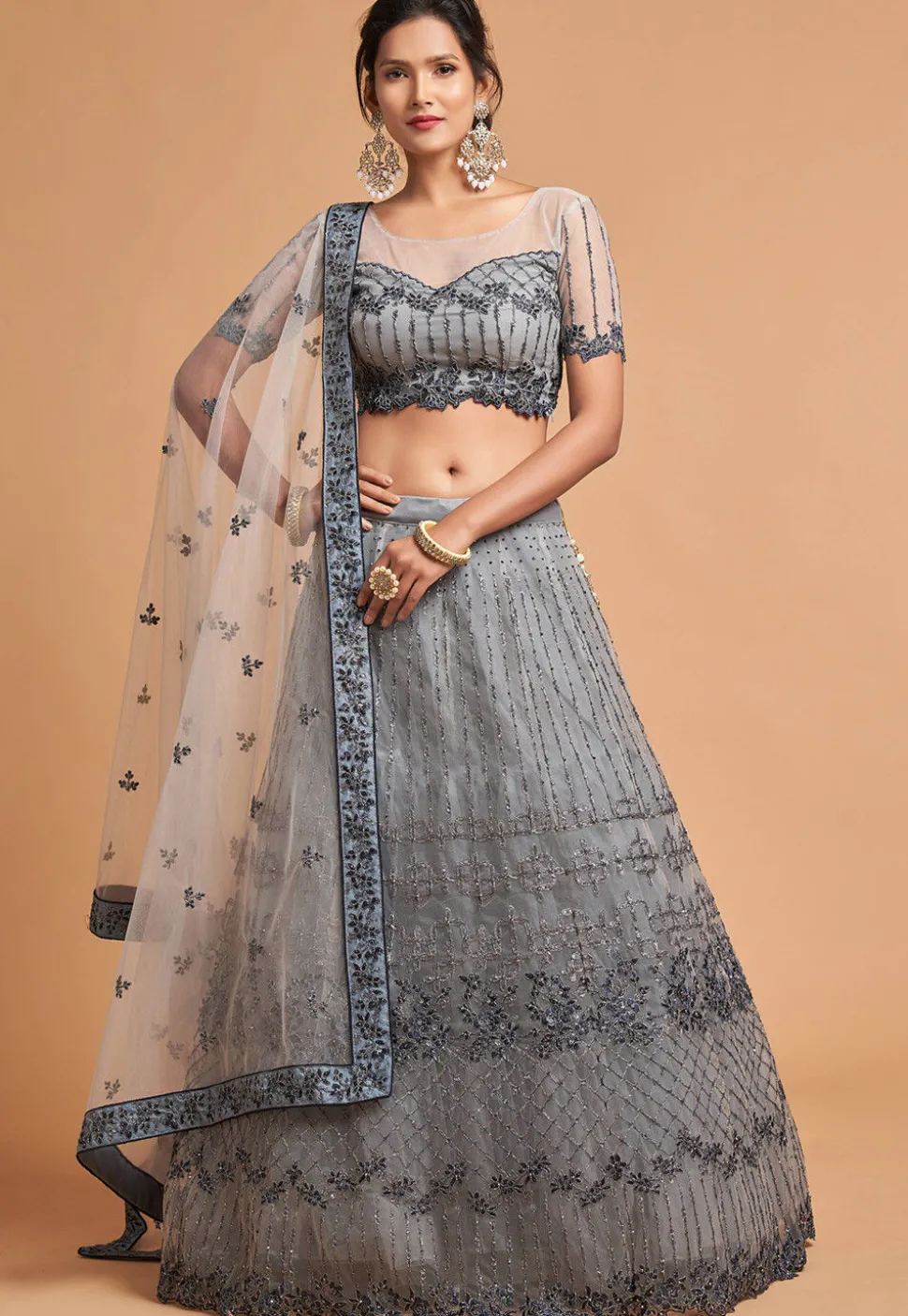 Embroidered Net Lehenga in Grey