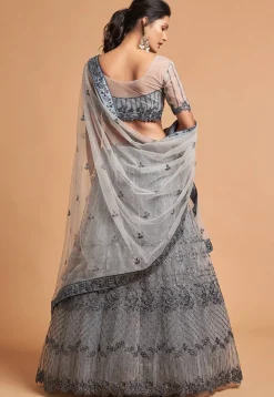 Embroidered Net Lehenga in Grey