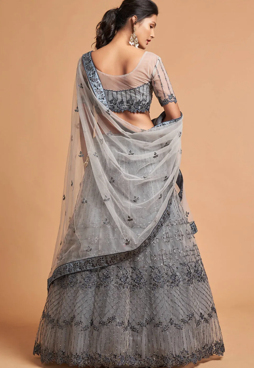 Embroidered Net Lehenga in Grey