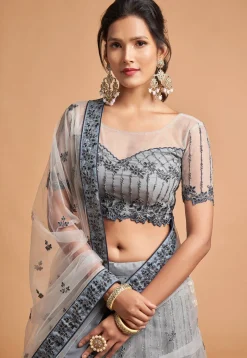 Embroidered Net Lehenga in Grey