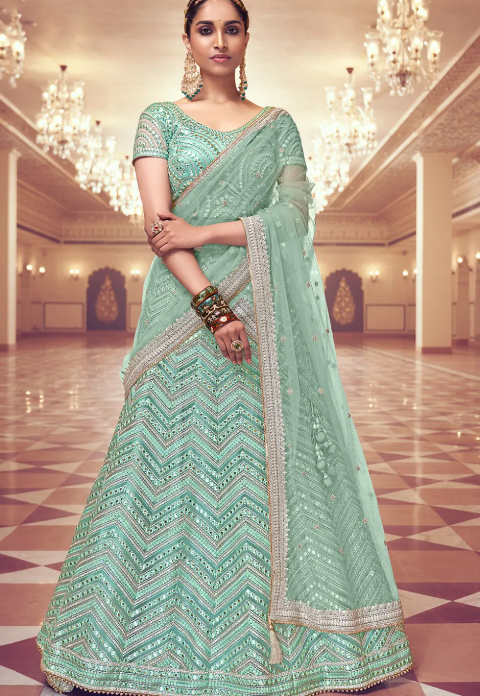 Embroidered Net Lehenga in Pastel Green