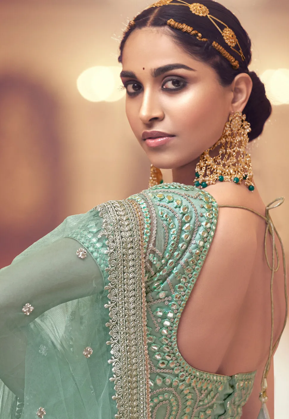 Embroidered Net Lehenga in Pastel Green
