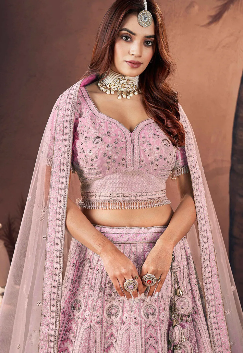 Embroidered Net Lehenga in Pink