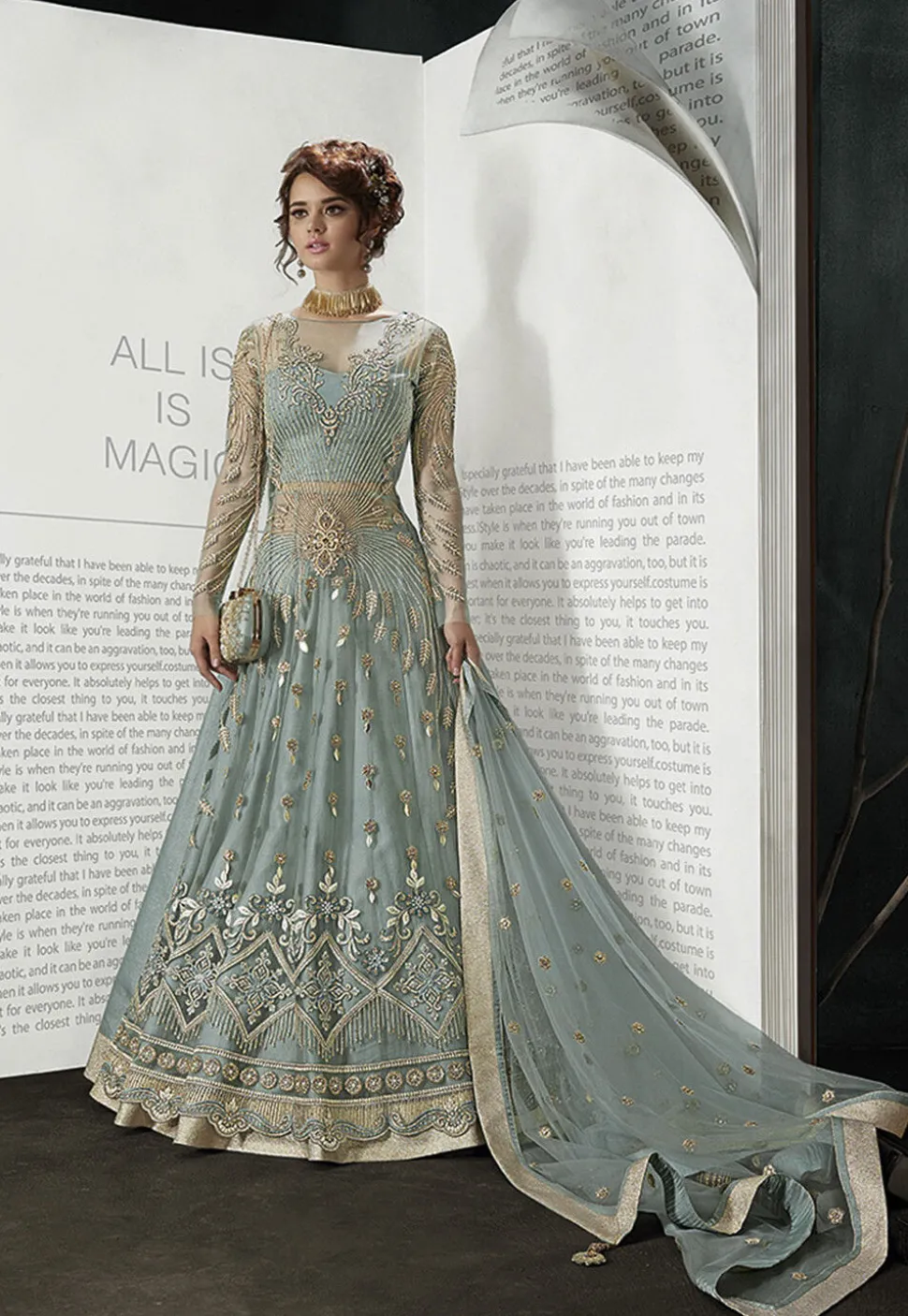 Embroidered Net Lehenga in Dusty Blue