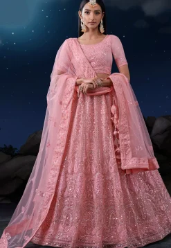 Embroidered Net Lehenga in Peach