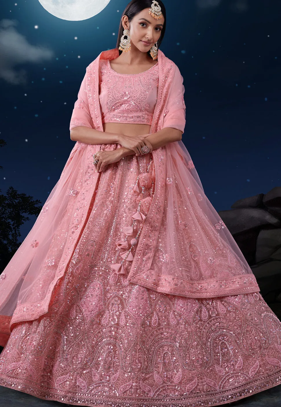 Embroidered Net Lehenga in Peach