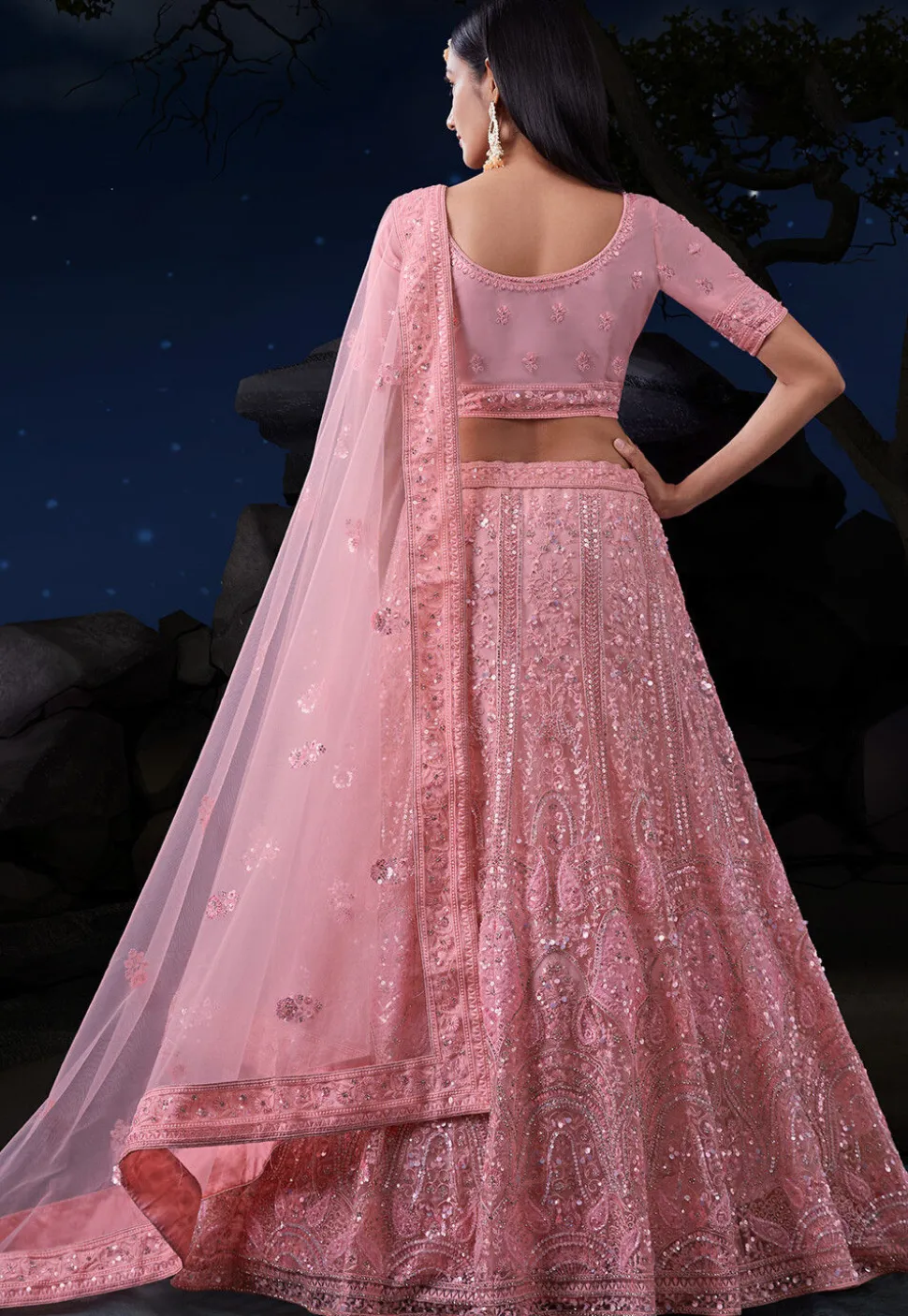 Embroidered Net Lehenga in Peach