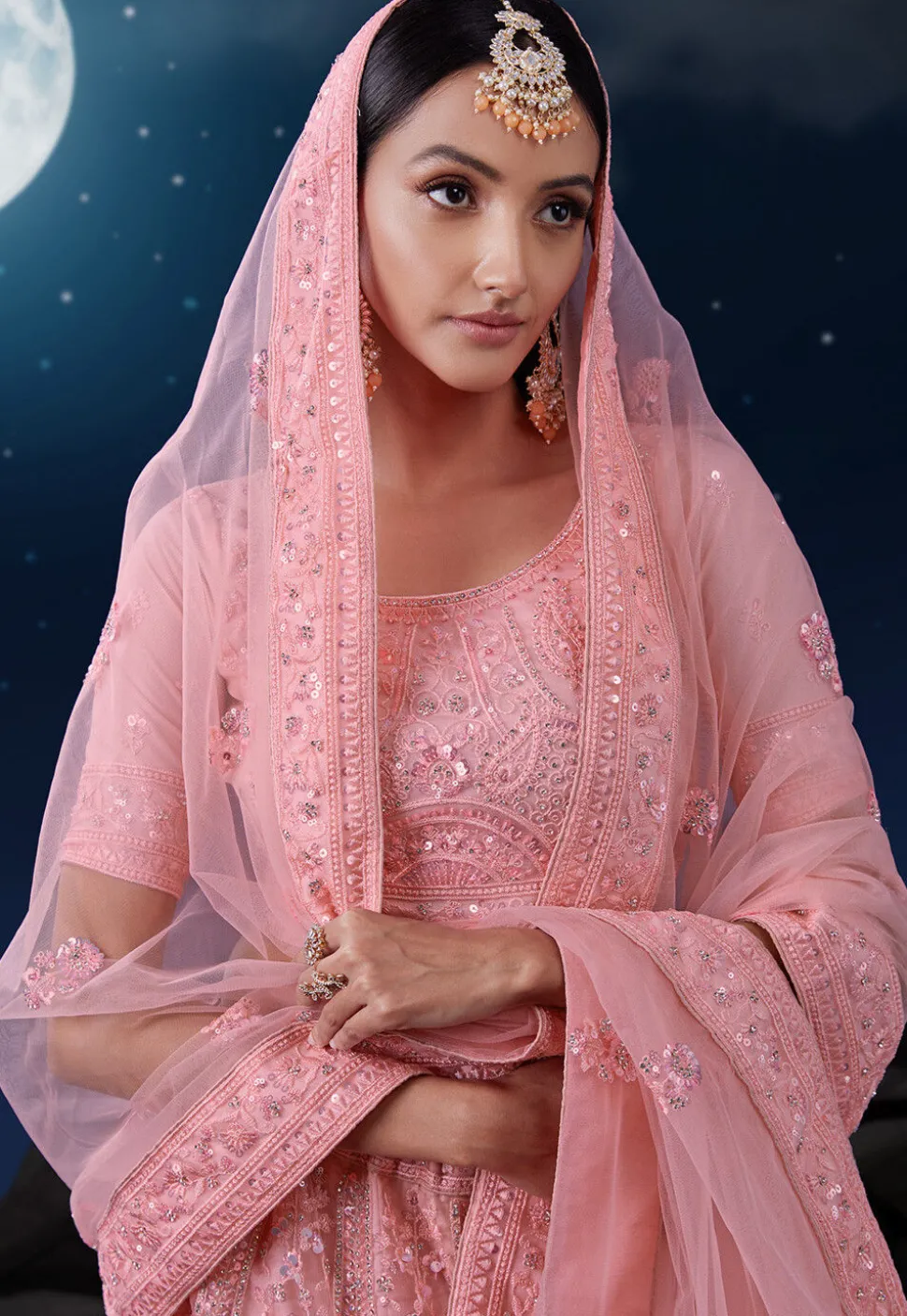 Embroidered Net Lehenga in Peach