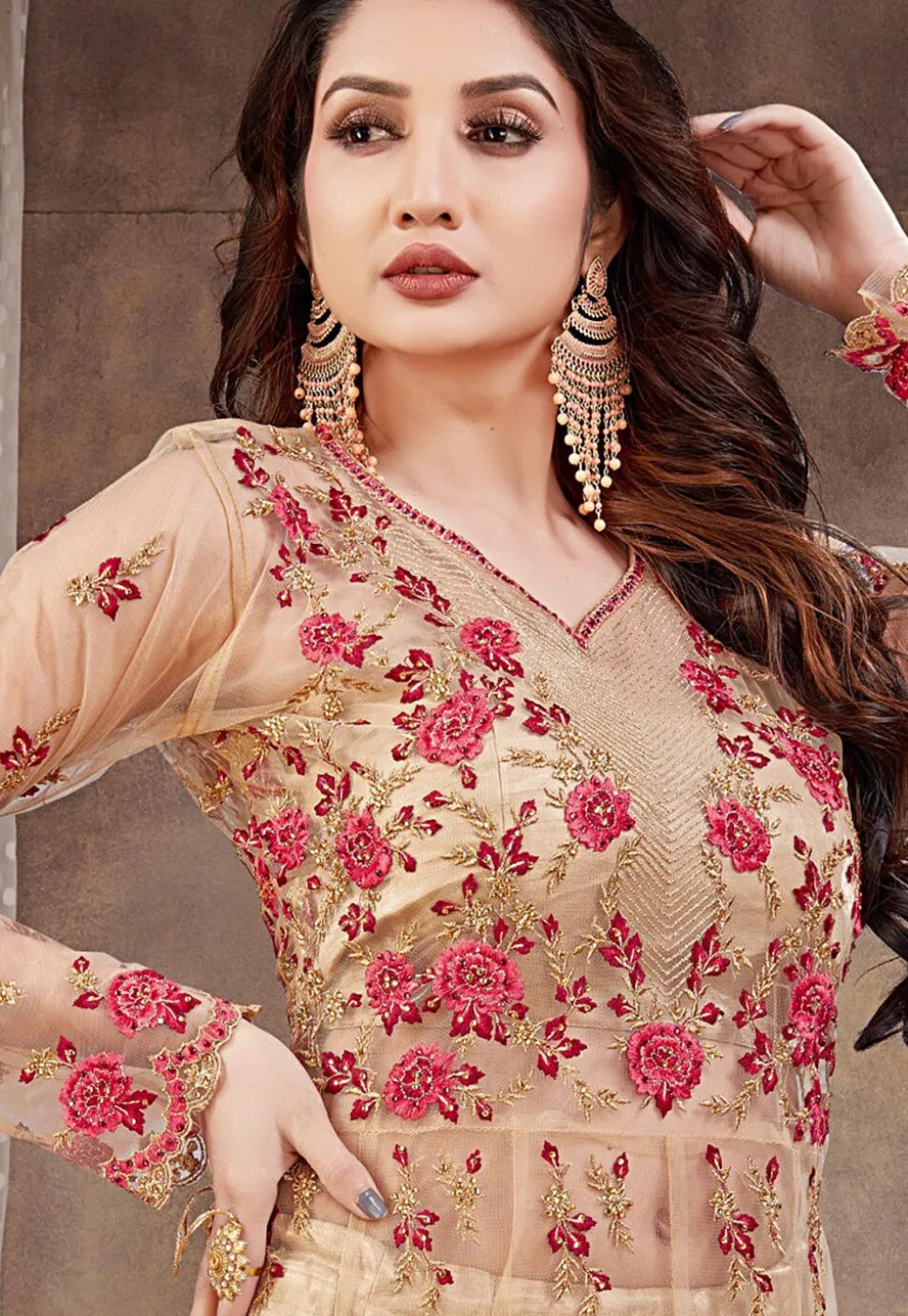 Embroidered Net Lehenga in Beige