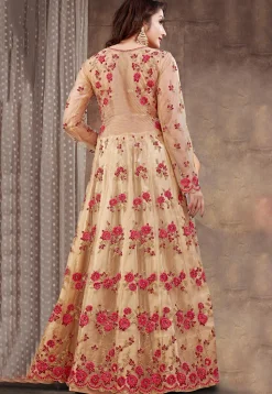 Embroidered Net Lehenga in Beige
