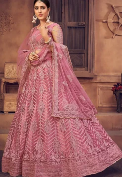 Embroidered Net Lehenga in Dusty Pink