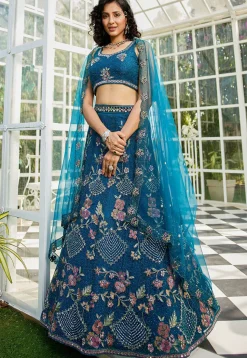 Embroidered Net Lehenga in Teal Blue