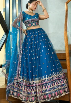 Embroidered Net Lehenga in Teal Blue