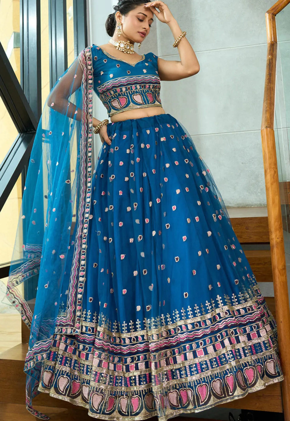 Embroidered Net Lehenga in Teal Blue