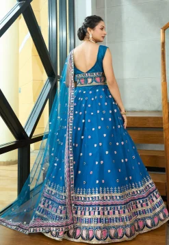 Embroidered Net Lehenga in Teal Blue