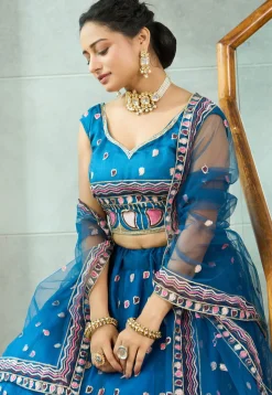 Embroidered Net Lehenga in Teal Blue