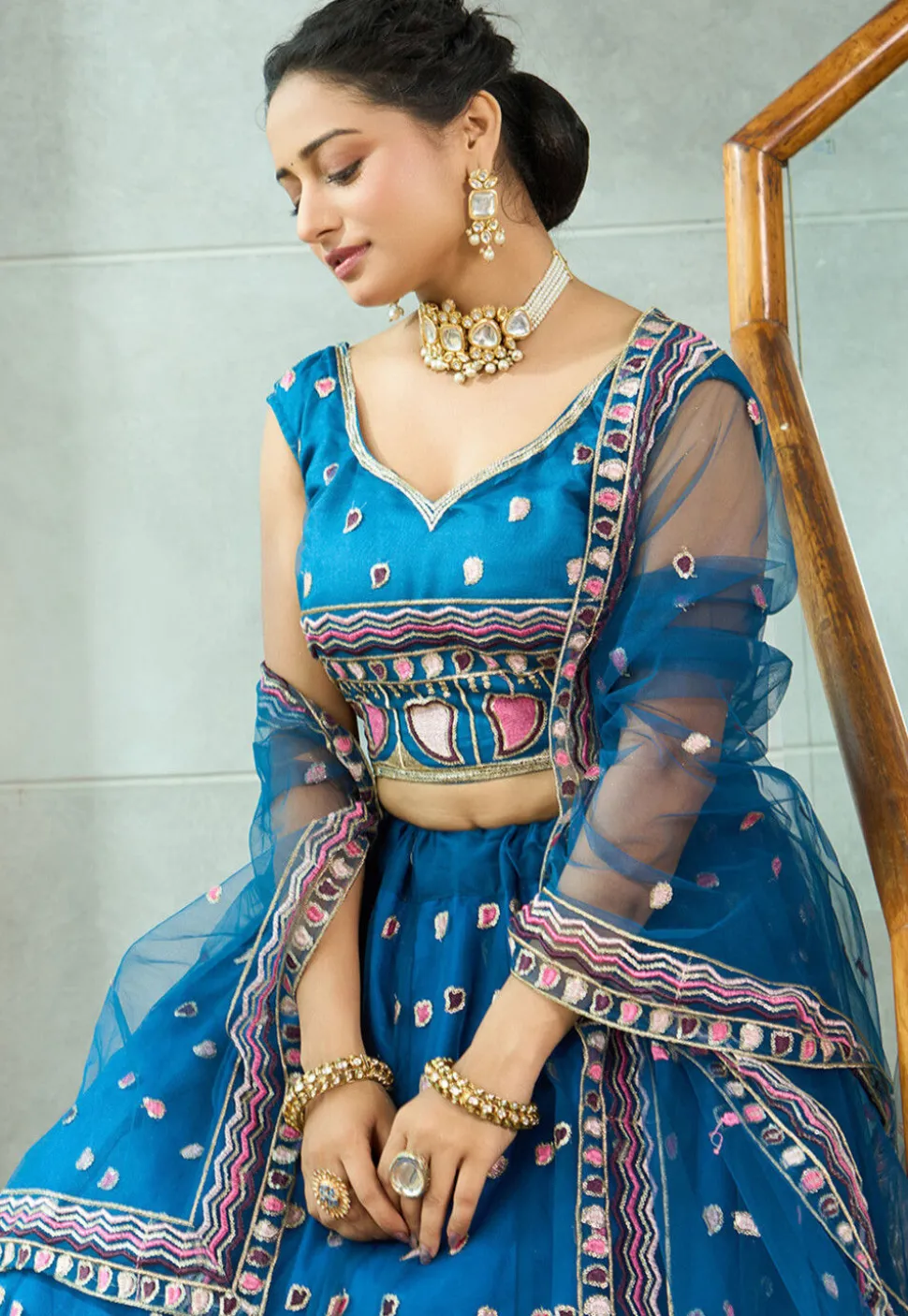 Embroidered Net Lehenga in Teal Blue