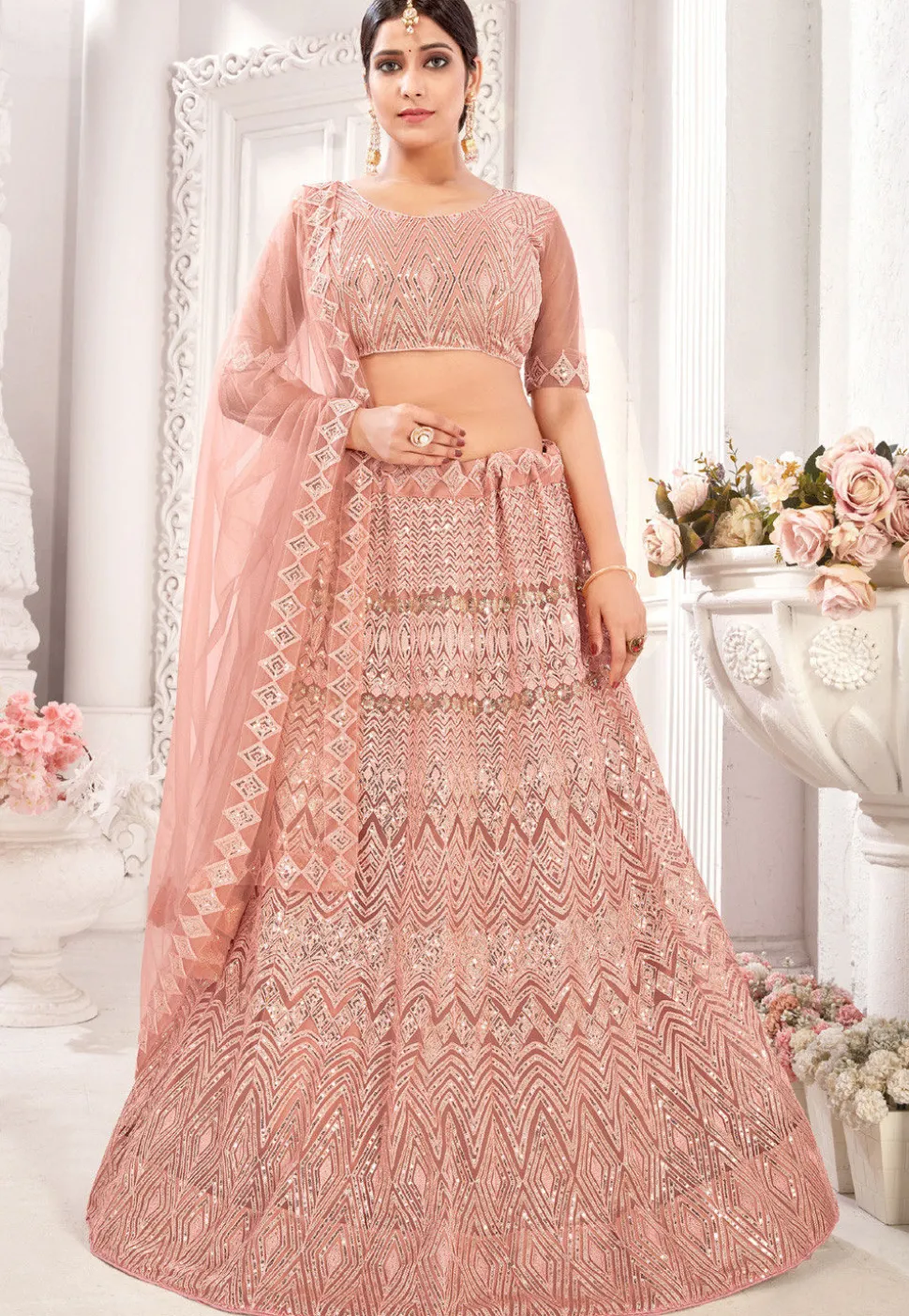 Embroidered Net Lehenga in Peach
