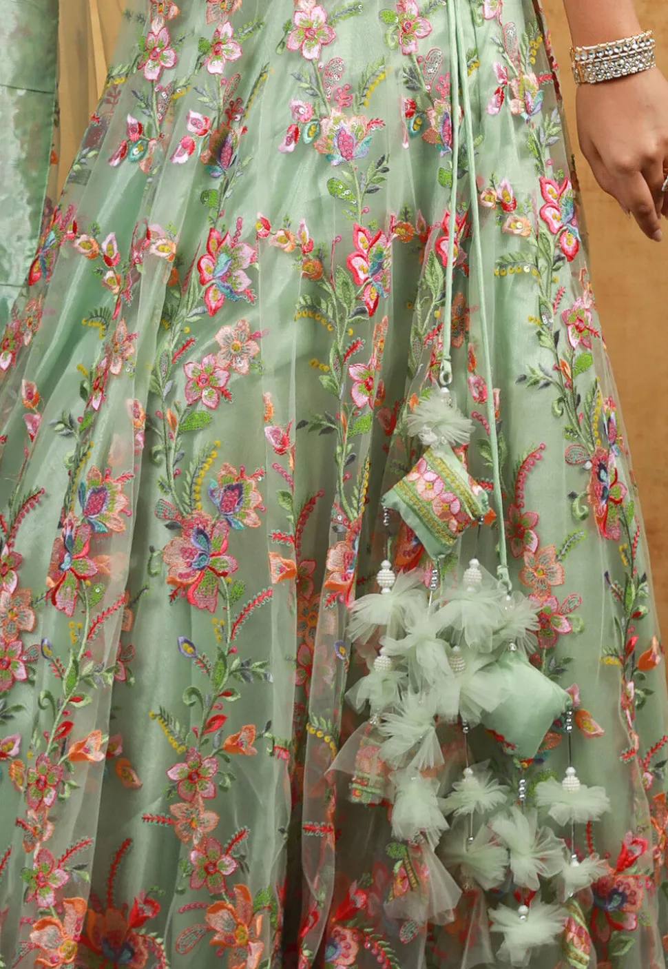 Embroidered Net Lehenga in Pastel Green
